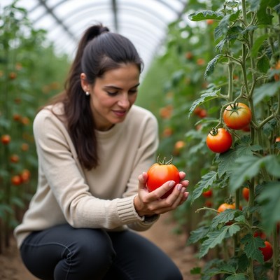 Woman holding tomato in greenhouse