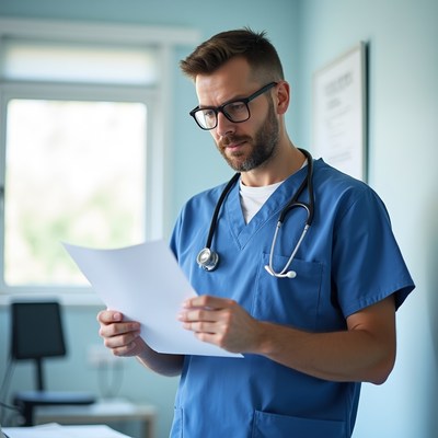 Male doctor reading document