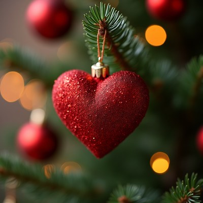 Red Heart Ornament on Christmas Tree