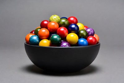 Colorful marbles in black bowl