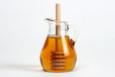 Glass pitcher of honey with dipper