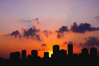 City skyline silhouette at sunset
