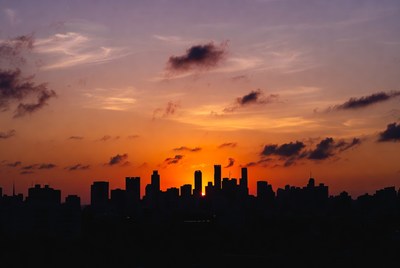 City skyline silhouette at sunset