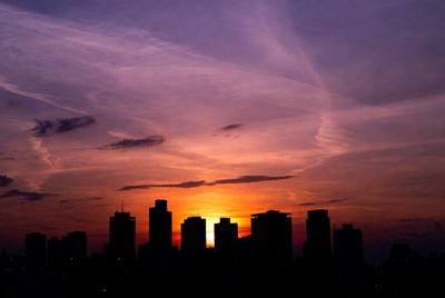 City skyline silhouette at sunset