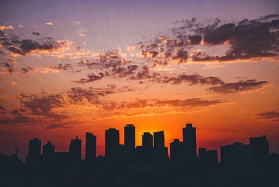 City skyline silhouette at sunset