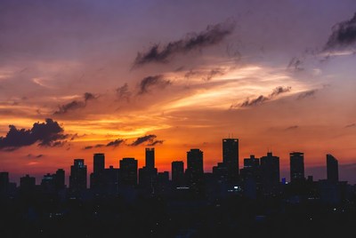 City skyline silhouette at sunset
