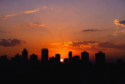 City skyline silhouette at sunset