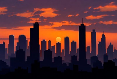 Silhouette City Skyline at Sunset