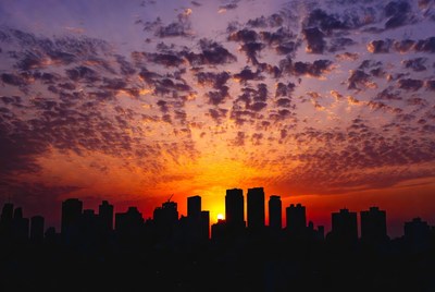 City skyline silhouette at sunset