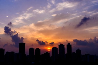 City skyline silhouette at sunset