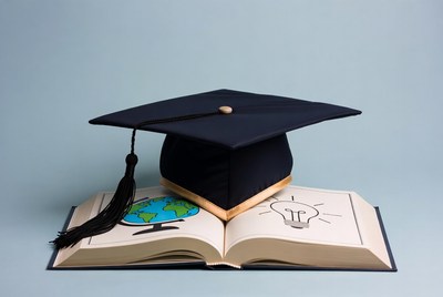 Graduation Cap on Open Book with Globe and Lightbulb