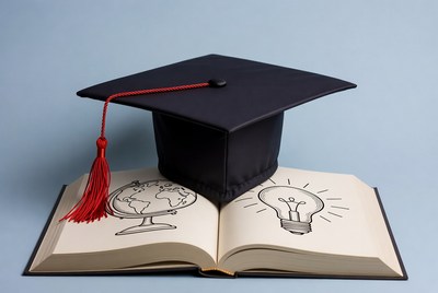 Open book with graduation cap globe lightbulb