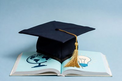 Graduation Cap on Open Book with Globe