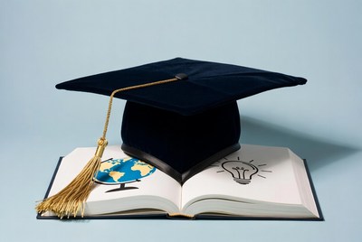 Graduation Cap on Open Book with Globe and Lightbulb