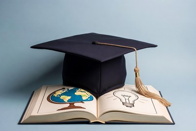 Graduation Cap on Open Book with Globe and Lightbulb