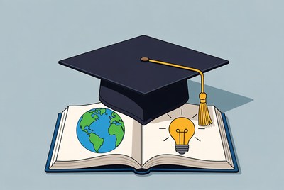 Graduation Cap on Open Book with Globe and Lightbulb