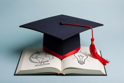 Graduation Cap on Open Book with Globe and Lightbulb