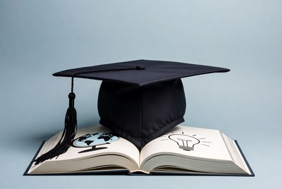 Graduation Cap on Open Book with Globe and Lightbulb