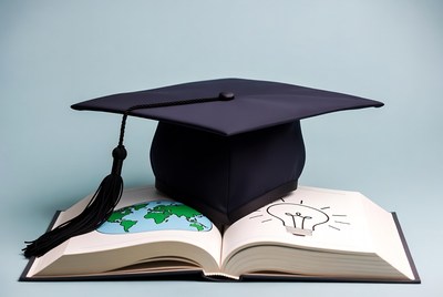 Graduation Cap on Open Book with Globe and Lightbulb