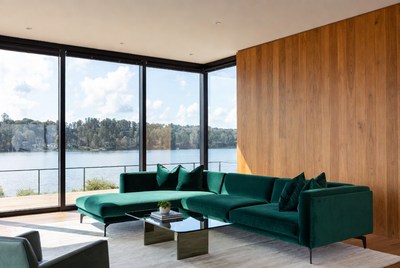 Green Velvet L-Shaped Sofa Lake View