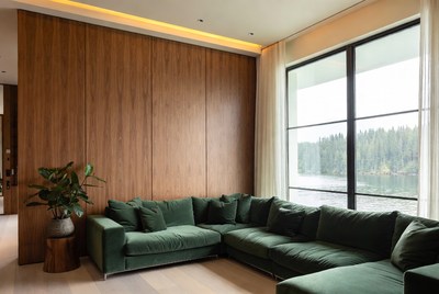 Green Velvet L-Shaped Sofa by Lake View