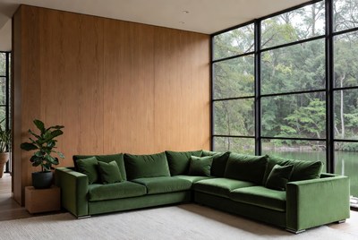 Green Velvet L-Shaped Sofa by Large Windows