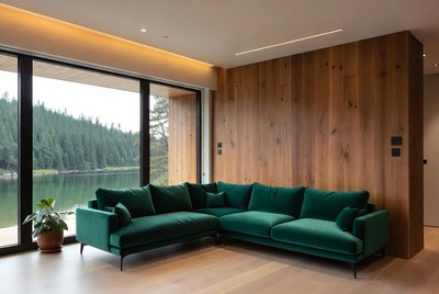 Green L-Shaped Sofa by Lake View Window