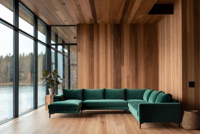 Green Velvet L-Shaped Sofa by Lake