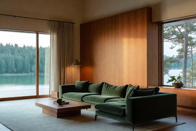 Green Velvet Sofa in Lakeview Living Room