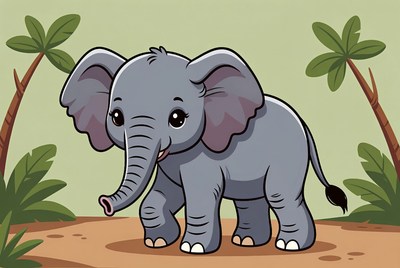 Cute cartoon baby elephant with palms