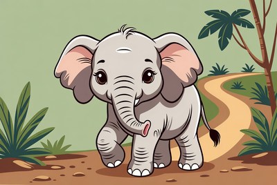 Cute baby elephant walking jungle path