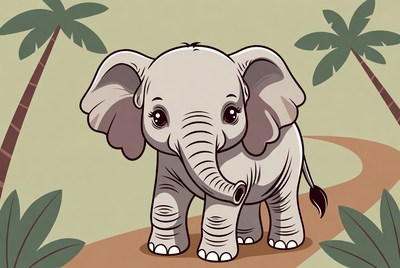 Cute baby elephant with palm trees