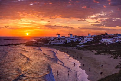 Windmills on Beach at Sunset