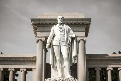 White marble statue of man in toga
