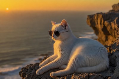 White cat with sunglasses on cliff