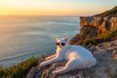 White cat with sunglasses on cliff