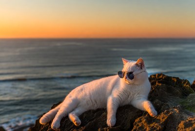 White cat with sunglasses on cliff