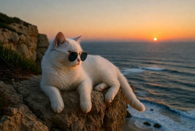 White cat in sunglasses on cliff at sunset