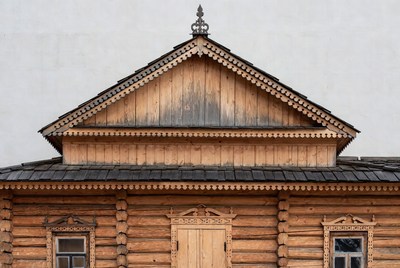 Traditional Wooden Log House Facade
