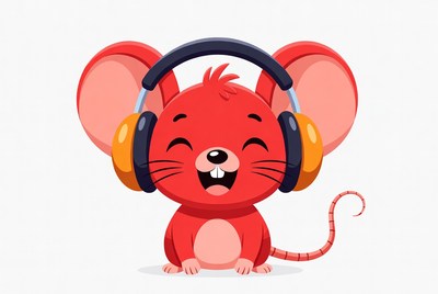 Red mouse wearing headphones