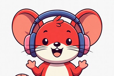 Cute red mouse wearing headphones