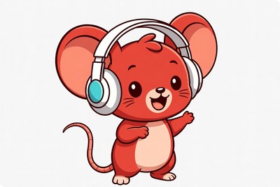 Red cartoon mouse wearing headphones