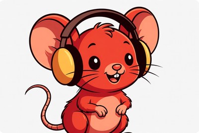 Cute red mouse wearing headphones