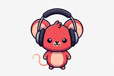 Cute red mouse wearing headphones