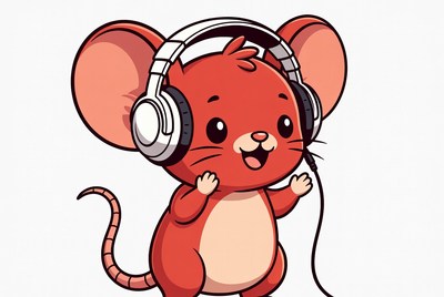 Cute red mouse wearing headphones