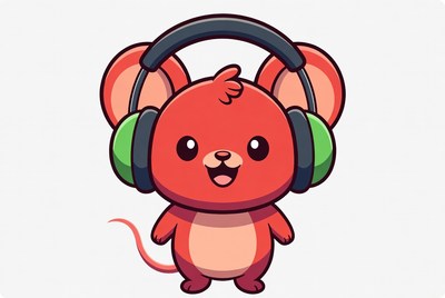 Cute red mouse wearing headphones