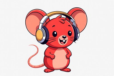Red cartoon mouse wearing headphones