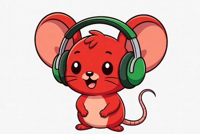 Cute red mouse wearing headphones