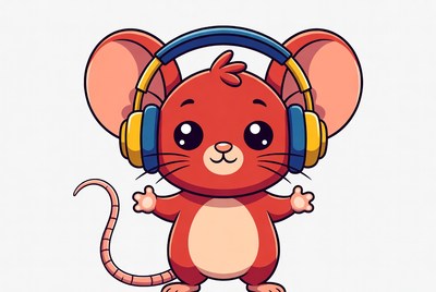 Cute red mouse wearing headphones
