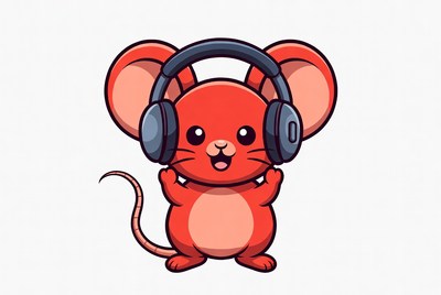 Cute red mouse wearing headphones